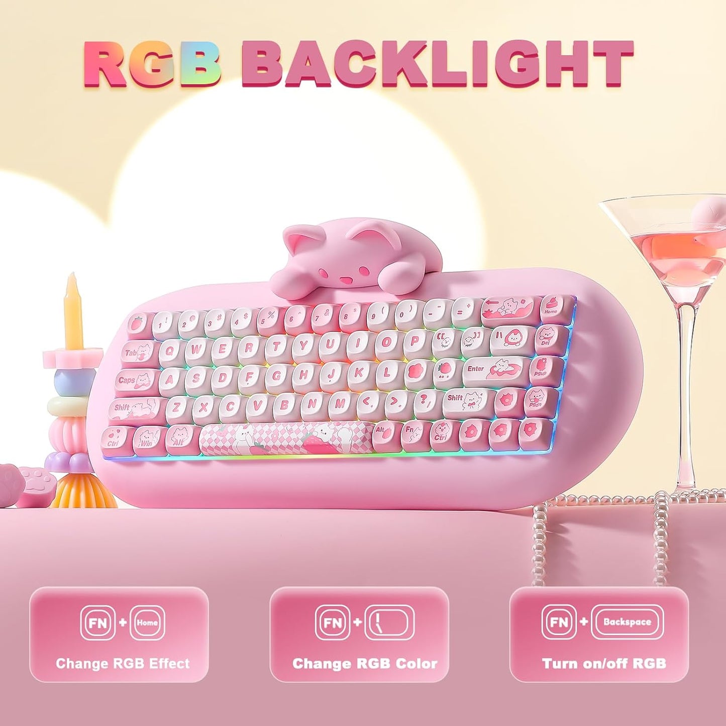 YUNZII C68 Wireless Mechanical Keyboard,65% Layout,Hot Swap,Triple Mode BT5.0/2.4G/Wired, RGB Backlit NKRO,Cute Cat Silicone Ergonomic Design for Win/Mac (Pink, Milk Switch)