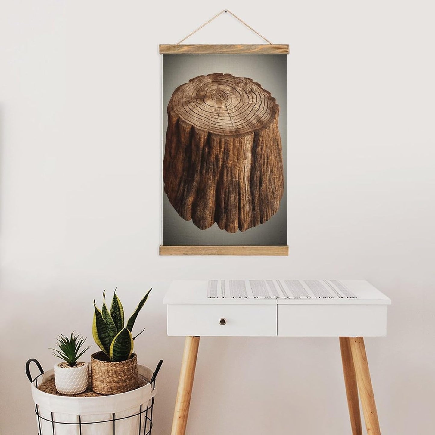 Vintage Stump of Oak Tree Poster with Wooden Frame Personalized Linen Hanging Scroll Painting Rustic Wall Hanging Illustrative Modern Artwork Decor for Home Living Room Bedroom Office