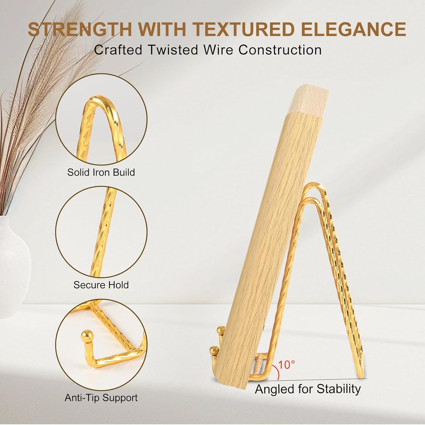 Plate Holder Easel Display Stand - 6 Inch Twisted Metal Wire Plate Stands - Picture Frame Stand - Tabletop Easels for Display Decorative Plates | Pictures | Books | Plaques | Tablets - 3 Pack - Gold