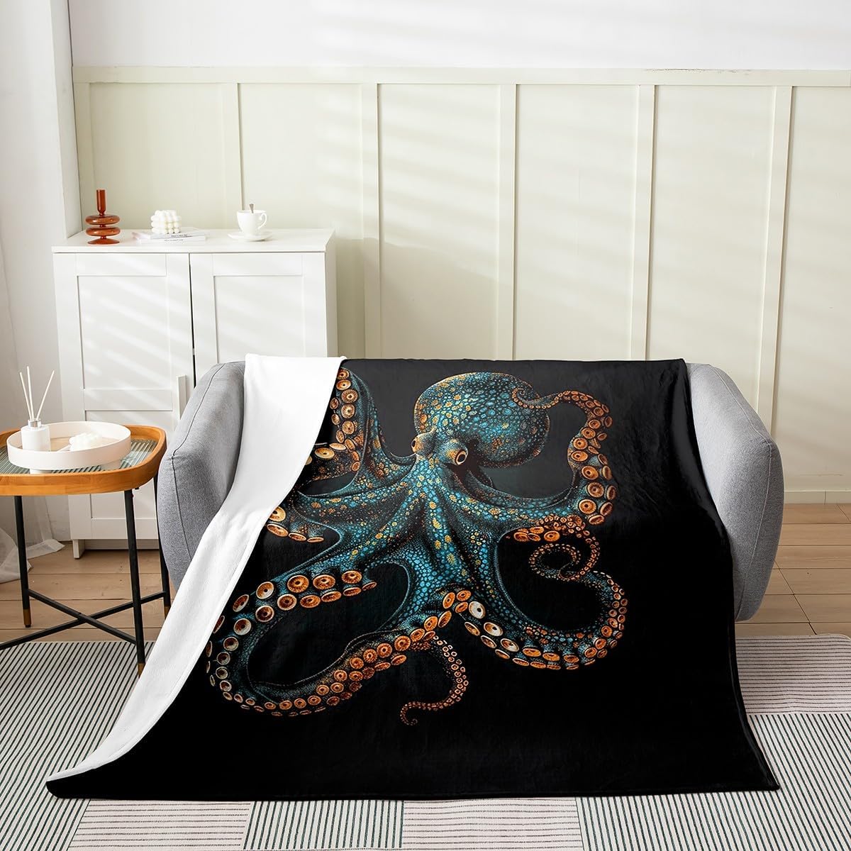 Feelyou Blue Black Octopus Flannel Fleece Throw Blanket Queen 90"x90" Tentacles Fuzzy Blanket for Sofa Couch Room Decor Ocean Kraken All Season Bed Blanket Sealife Sea Animal Plush Blanket