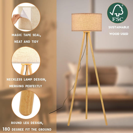Wood Tripod Floor Lamp with 3 Color Temparature LED Bulb, Modern Wooden Standing Floor lamp Linen Shade for Living Room, Bedroom, Office, ETL Listed/Natural Wood Color