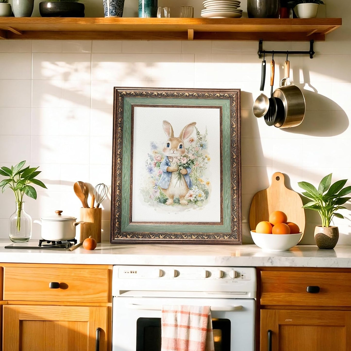 HUARCEY Bunny with Bouquet Canvas Wall Art Vintage Relief Gold Framed, Cute Rabbit Wildflower Meadow Print Rustic Floral Artwork, Farmhouse Animals for Easter Mother's Day Decor Gift 13"×16"