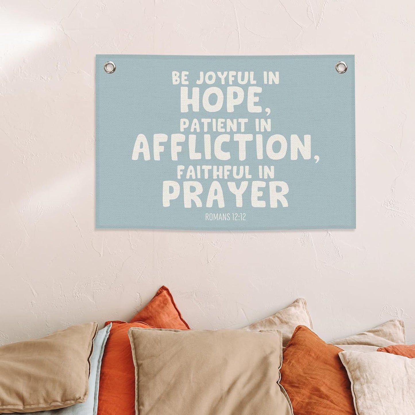 Blue Christian Kids Banner Canvas, Bible Verse Be Joyful in Hope Toddler Room Decor, Inspirational Hanging Flag Sign, Nursery Wall Tapestry Art for Playroom Bedroom Classroom Decor 20x30in
