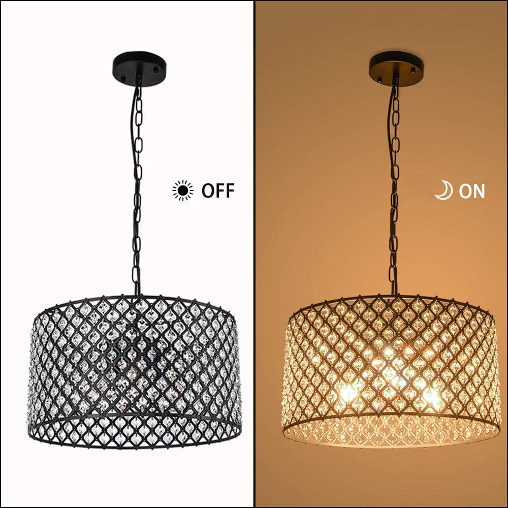 Lingkai 15.75“ Modern Crystal Chandelier Pendant Light Fixture 3-Light Hanging Pendant Ceiling Lamp Caged Metal Drum Shade Black Finish