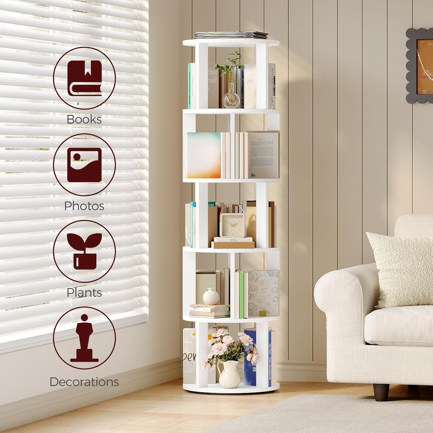 5-Tier Rotating Bookshelf, 360° Spinning Bookshelf Tower, Floor Standing Round Revolving Bookcase, Display Rack for Books, CDs, for Living Room, Study, Bedroom, White BKWT6501