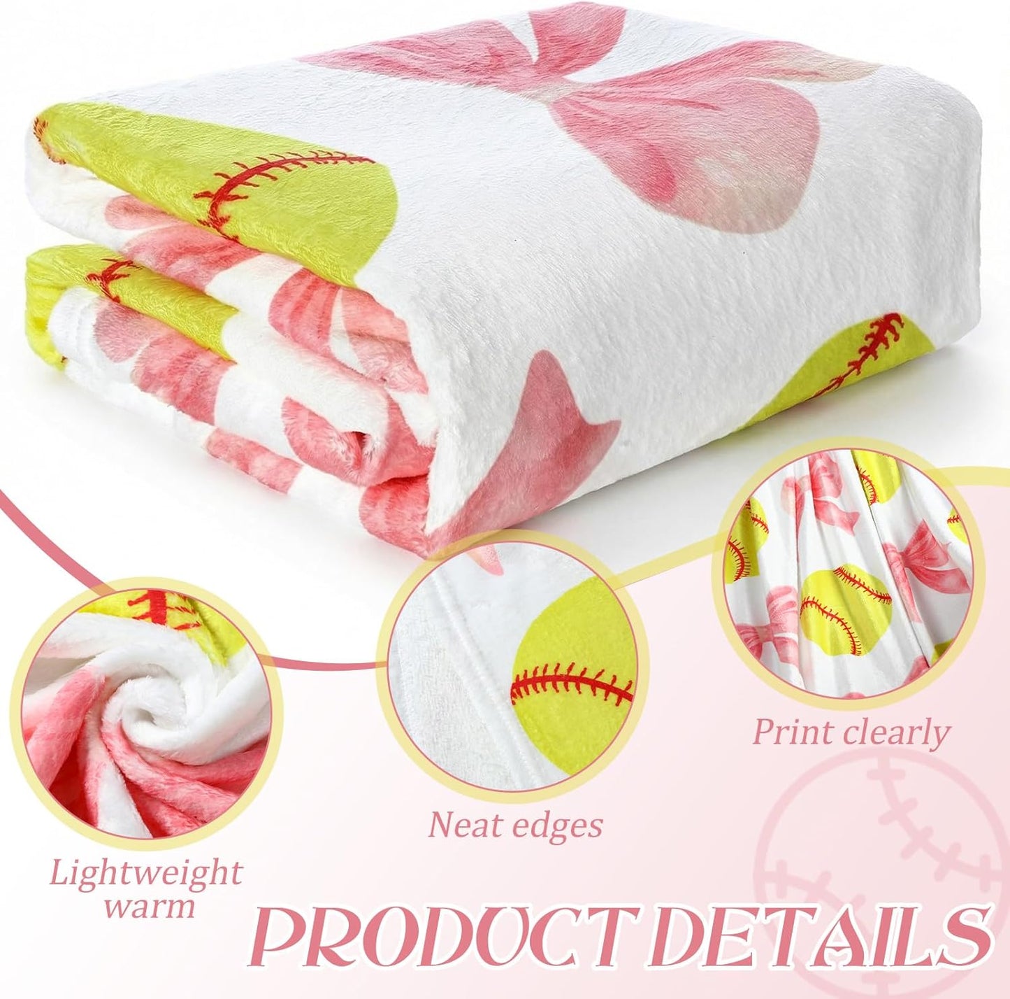Softball Blanket 50''x60'', Coquette Pink Bow Soft Throw Blanket Softball Gifts for Girls Women Team Players Coach Unique Gifts for Sports Lovers