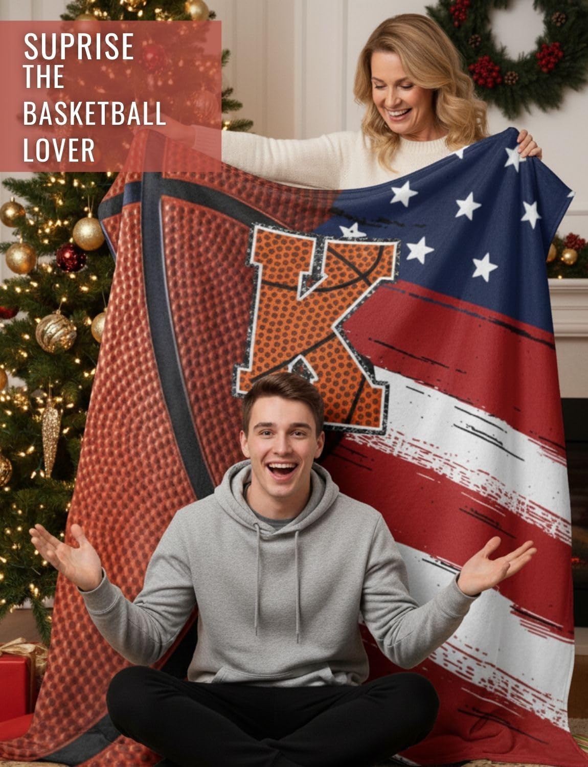 Basketball Blanket for Boys, Teen, Coaches, Personalized Blanket with Initials, Flannel Throw Blanket for Birthday, Christmas, 50x65 Inches, L