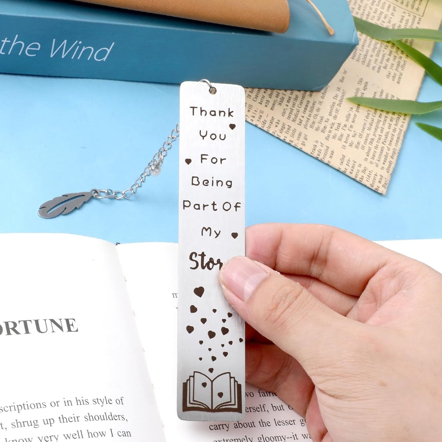 Metal Bookmark Gift, Engraved Thank You for Being Part of My Story Thank You Appreciation Silver Stainless Steel Book Mark with Leaf Pendant Book Mark Christmas Gifts for Women Men Books Lover Friends