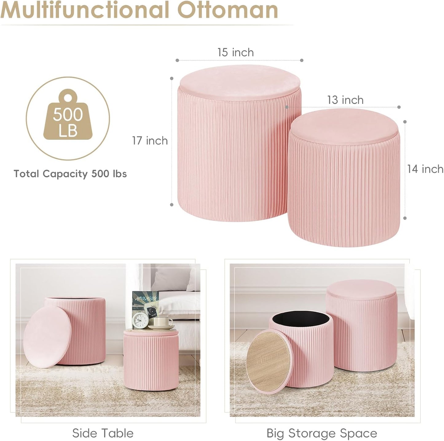 Ottoman with Storage, 2 Set Round Velvet Vanity Stool, Storage Ottoman for Bedroom Living Room, Modern Multifunctional Coffee Table Foot Stool for Dorm (Pink)