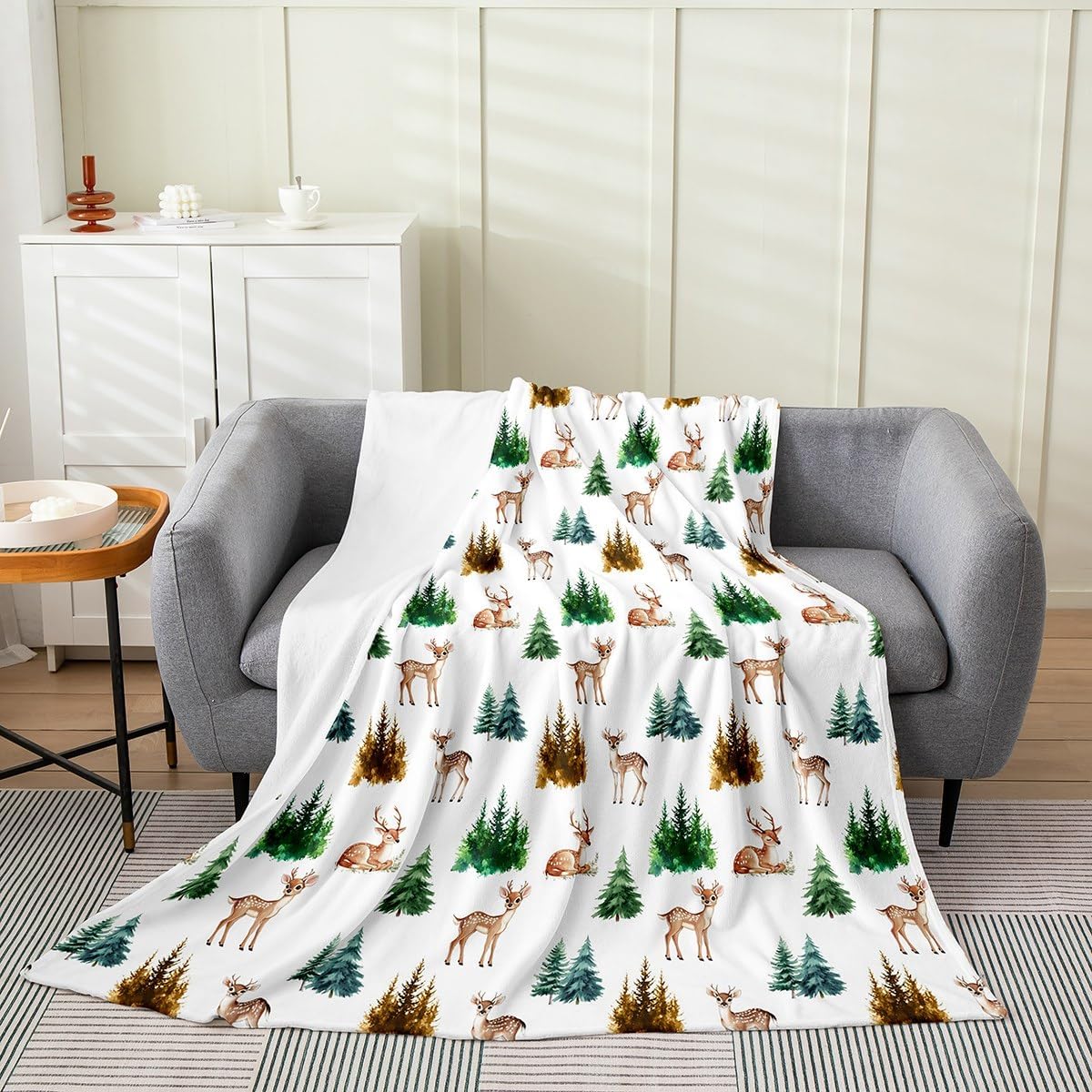 Feelyou Deer Fleece Throw Blanket Throw 50"x60" Kids Wild Animal Flannel Blanket Plush Fuzzy for Sofa Couch Boys Girls Teens Wool White All Season