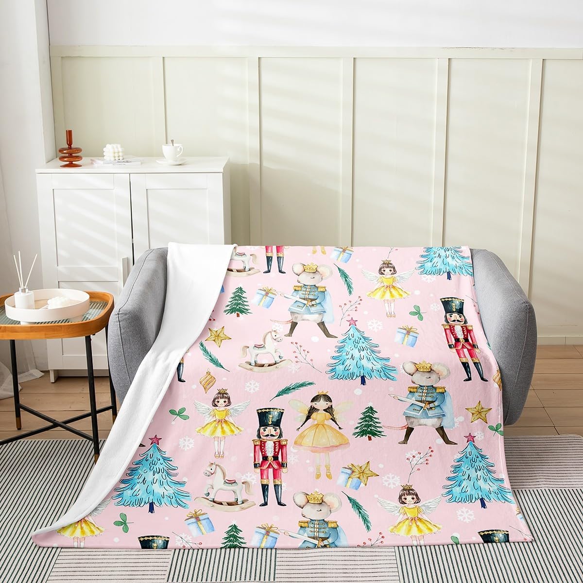 Erosebridal Pink Christmas Flannel Blanket Queen 90x90 Kids Christmas Nutcracker Fleece Blanket Dreamy Ballet Girl Princess Fuzzy Plush Throw Carousel Xmas Tree Decor Xmas Reversible