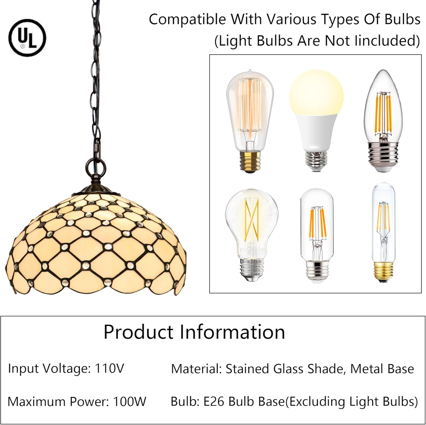 Tiffany Pendant Light Plug in Stained Glass Hanging lamp 12X12X181 Inch Hanging Lamp Living Room Bedroom Kitchen Dining Room Office(Cream Bead)
