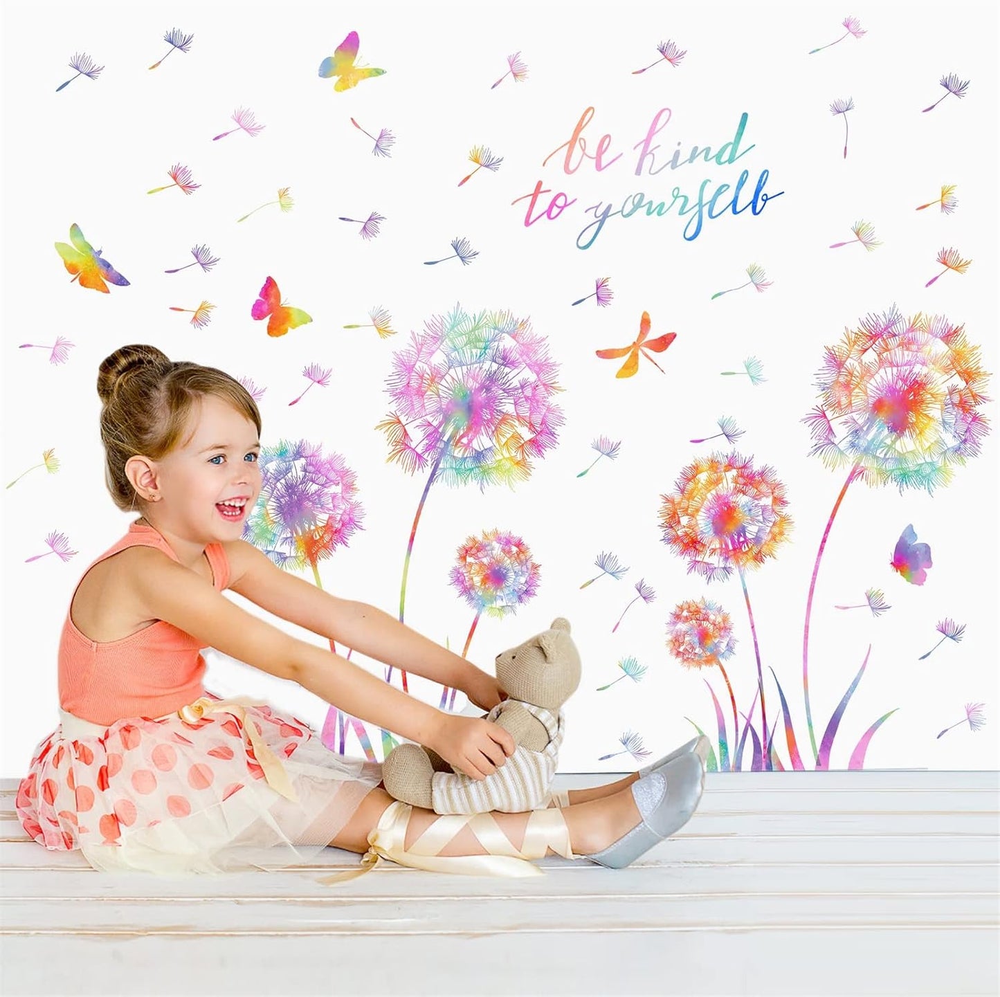 Large Dandelion Wall Decals Colorful Flower Wall Decals Peel and Sticks Wall Art Sticker Floral Butterflies Dragonfly Wall Murals Sticker Inspirational Wall Stickers for Girl Bedroom Living Room Decor