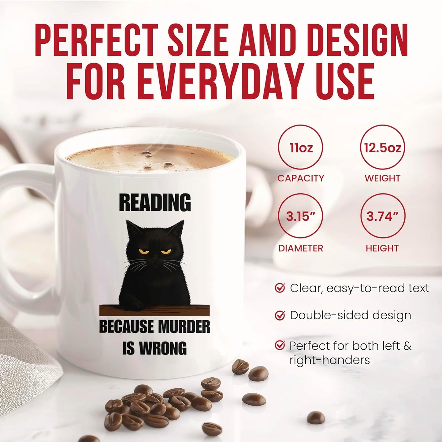 Reading Because Murder Is Wrong Mug - Bookworm Coffee Cup - Bibliophile Funny Gift From - Literature Lover Tea Mugs - Storyteller Cups - 11 Oz Ceramic Gifts For Fans, Birthday, Him, Her, Christmas