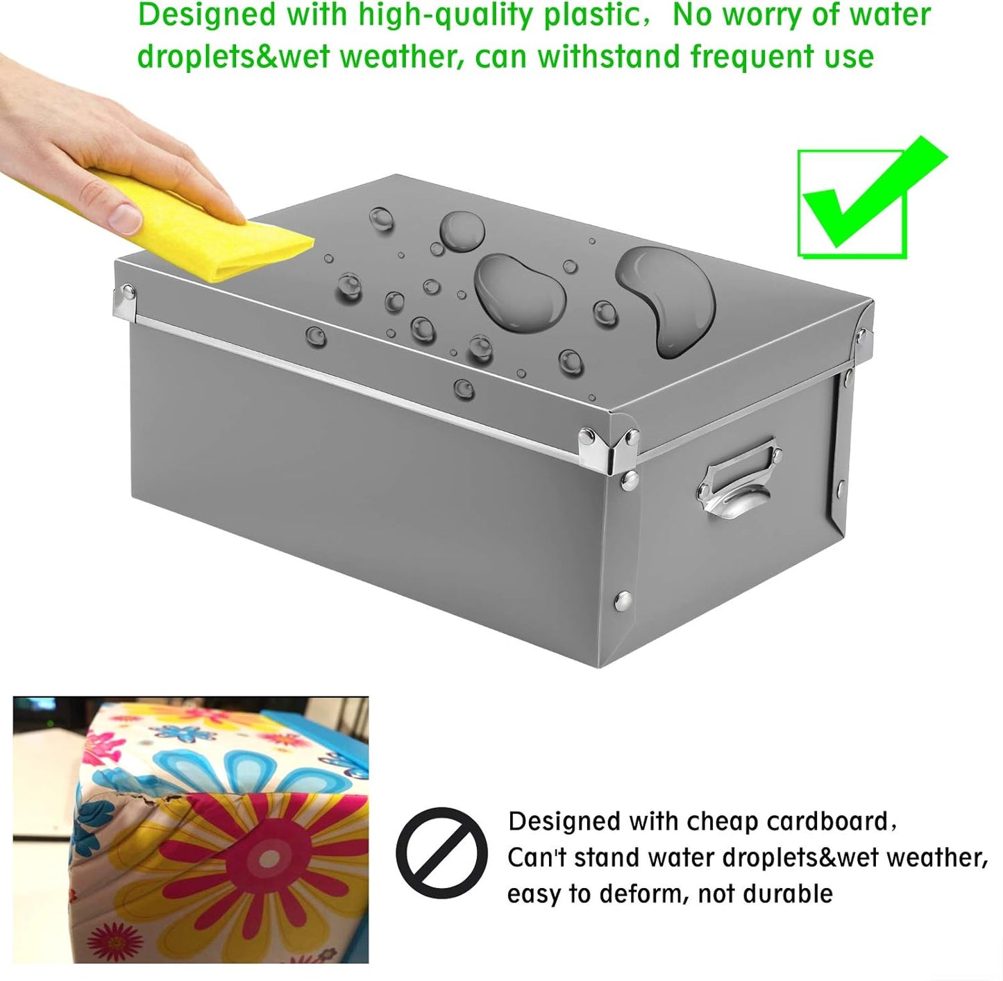 SEEKIND Storage Box, Decorative Storage Bins with Lid,3 in 1 Set,Plastic,with Handles,Press-Stud Fastening,Moisture-Proof,Foldable for Space Saving Storage,for Clothes, Cosmetic,Blankets (Grey) …