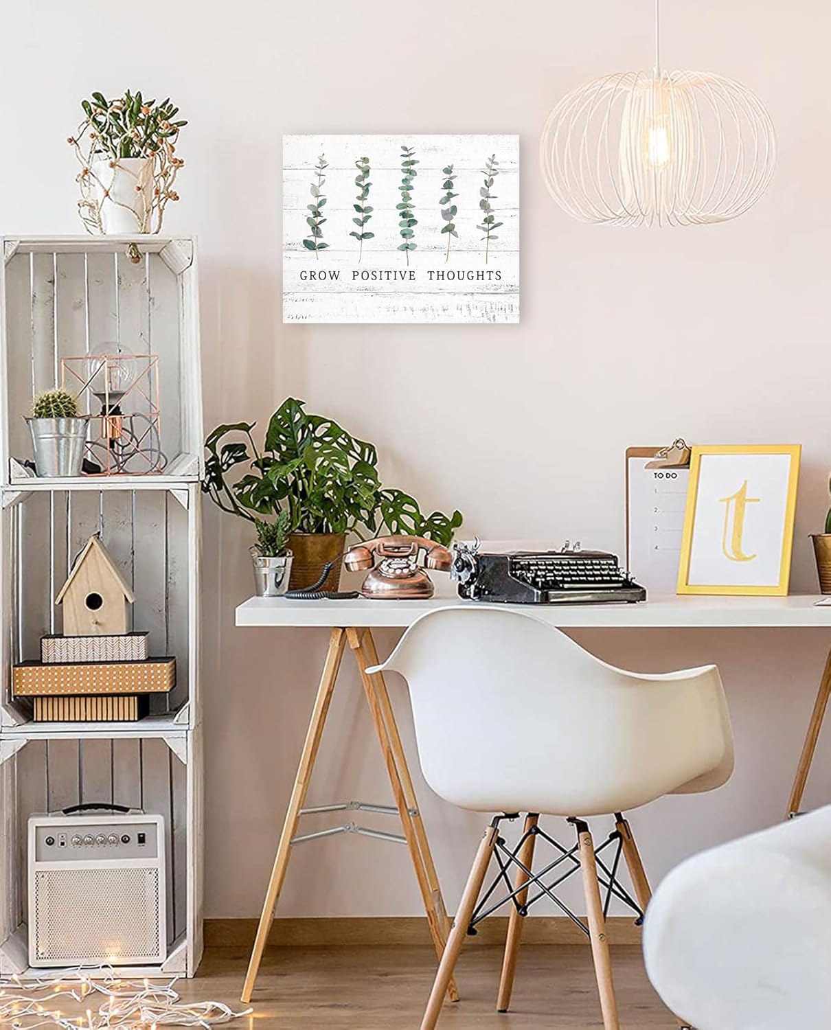 Grow Positive Thoughts Wall Art: Positive Quotes Inspirational Wall Sign for Office Women Kids Motivational Boho Eucalyptus Home Office Decor 12x15"