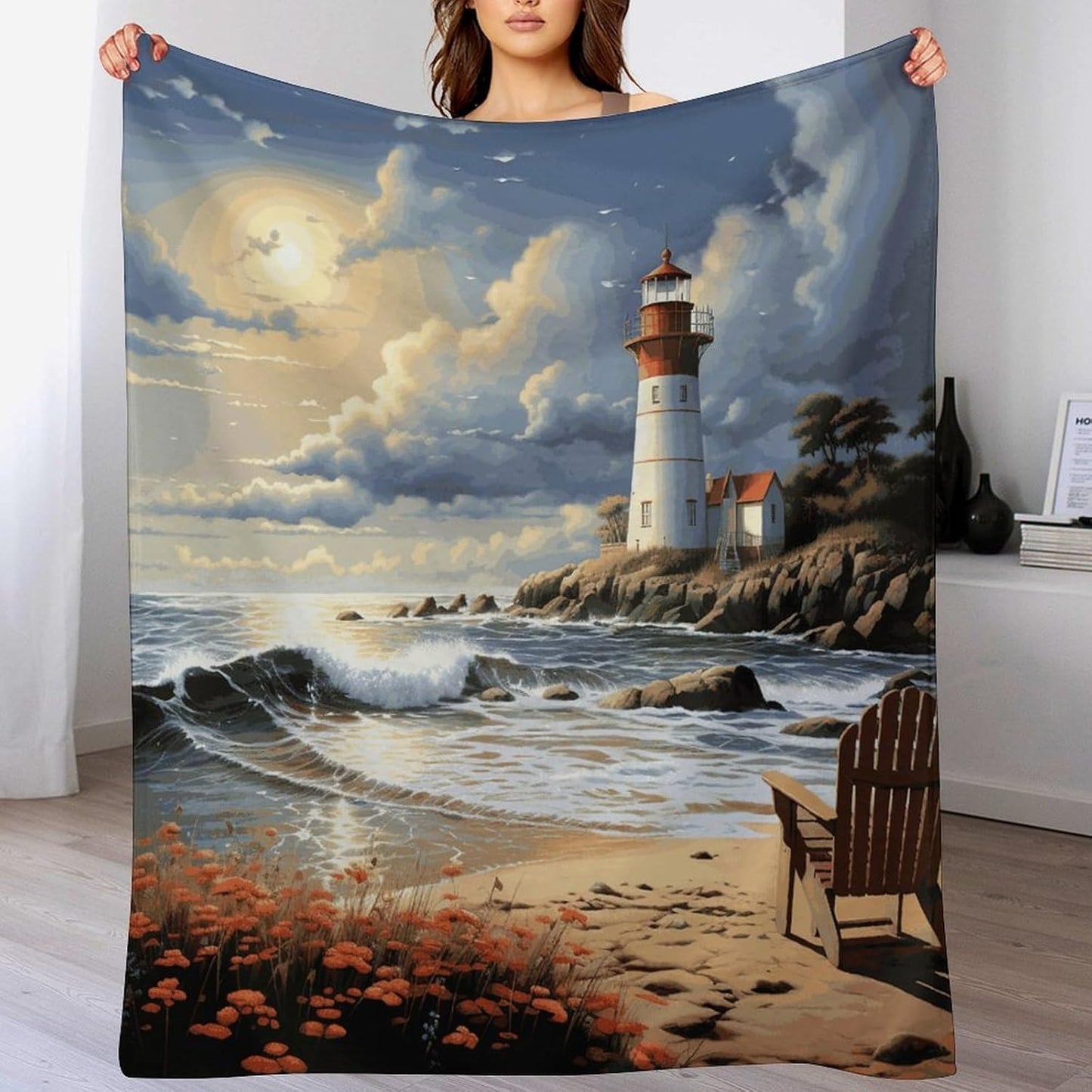 Sea Lighthouse Sandbeach Blanket Super Soft Lightweight Throw Blanket Cute Cozy Warm Bed Blanket Decorative Fuzzy Blanket All-Season Home Decor Gift for Sofa Couch Living Room 50"*60"（130 * 150cm）