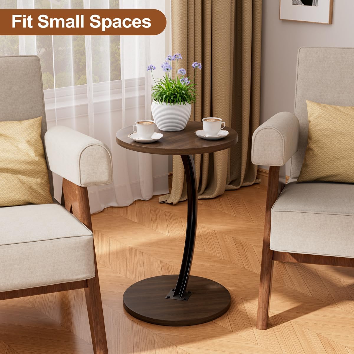 Round Side Table, C Shaped End Table for Couch, Sofa and Bed, Mid Century Modern Small Bedside Table Nightstand for Living Room, Bedroom, Corners and Office(Walnut)