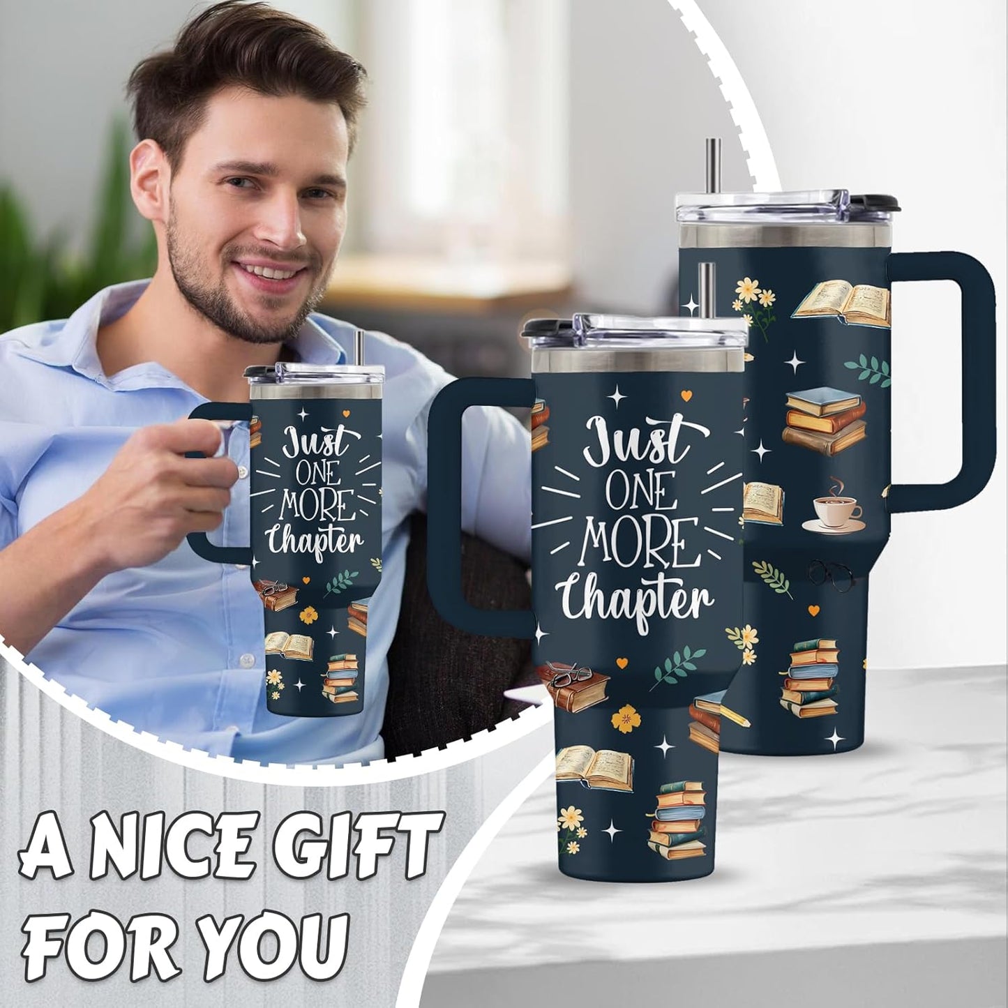 Book Lover Gifts for Women, 40 Oz Just One More Chapter Tumbler with Handle & Straw, Gift for Readers, Birthday Thanksgiving Christmas Presents for Books Lover, Book Tumbler, 1 PCS