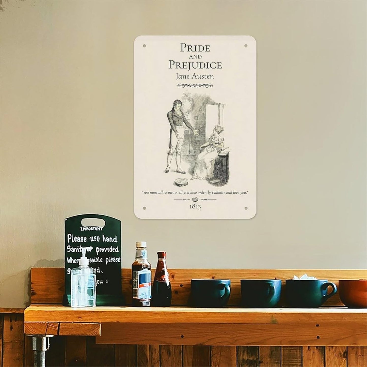 Metal Sign Poster 12x8 Inch Pride And Prejudice Jane Austen Quote Vintage Book Illustration Romantic Reading Nook Bedroom Living Room Classic Literature Wall Decor