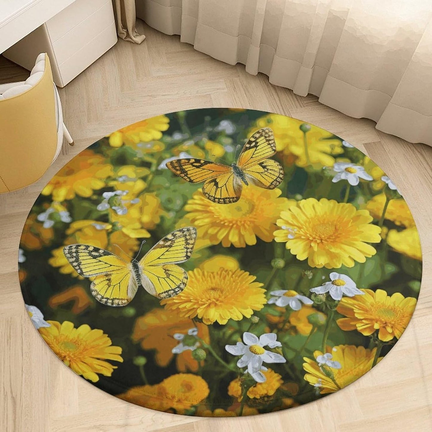 Yellow Butterfly and Yellow Daisies Circle Rug Retro Luxury Coral Velvet Floor Mat Non Slip Soft Indoor Floor Carpet Comfy Thickened Area Rugs Modern Aesthetic Minimalist Carpets for Home Decor
