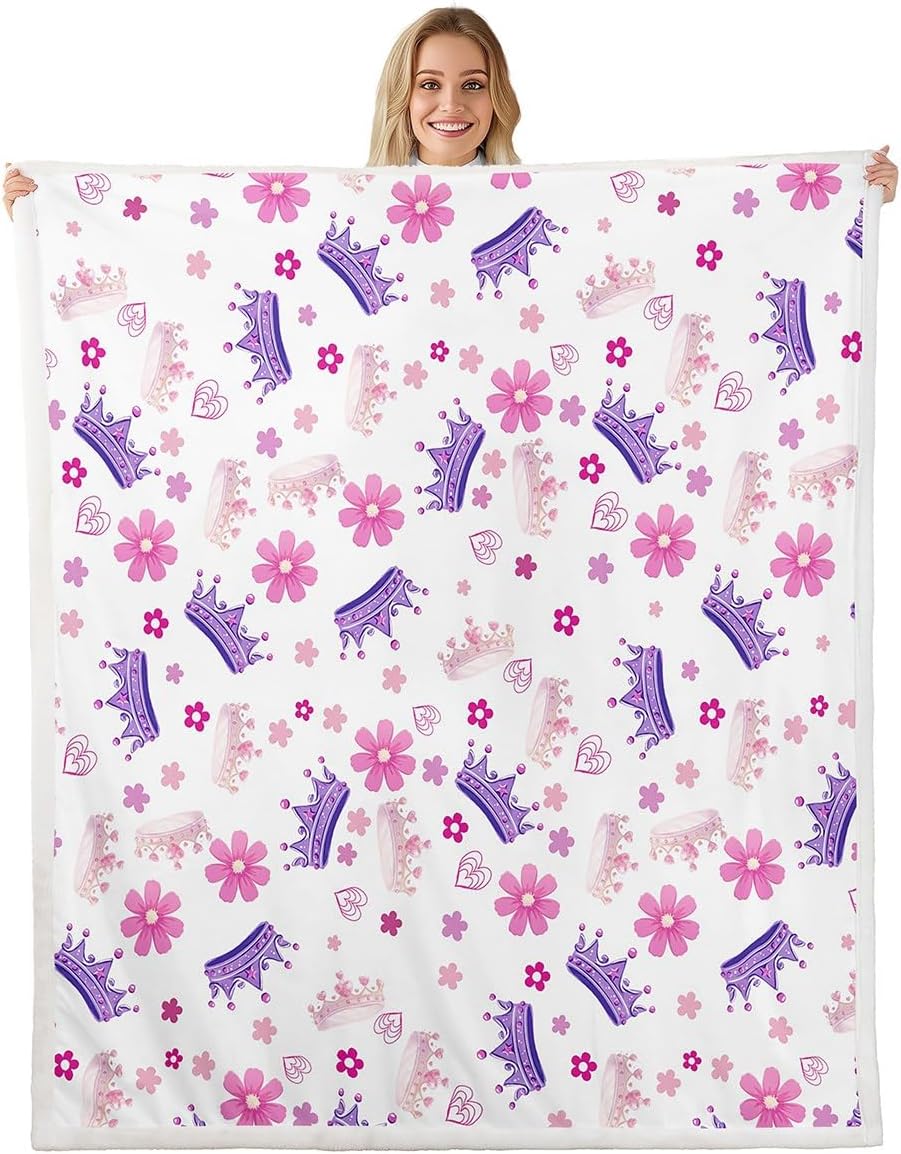 Manfei Princess Throw Blanket Pink Purple Crown Print Fleece Blanket, Cute Flower Girly Cartoon Throws for Bed Couch Sofa, Kids Girls Room Decor, Soft and Breathable(50 x 60 Inches)
