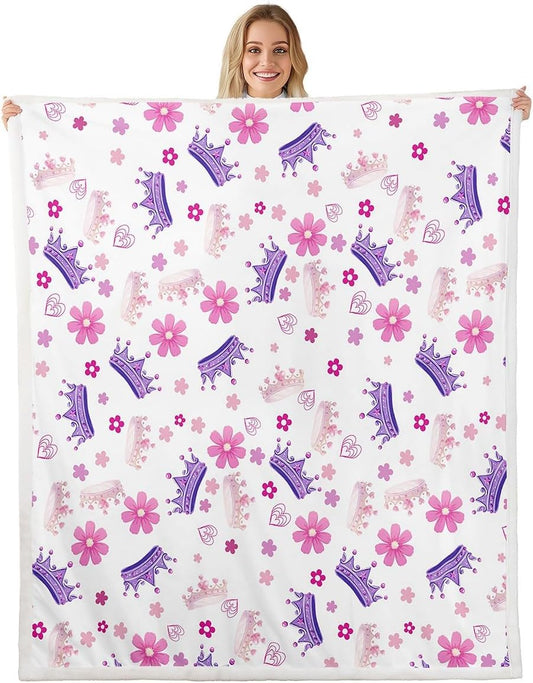 Manfei Princess Throw Blanket Pink Purple Crown Print Fleece Blanket, Cute Flower Girly Cartoon Throws for Bed Couch Sofa, Kids Girls Room Decor, Soft and Breathable(50 x 60 Inches)