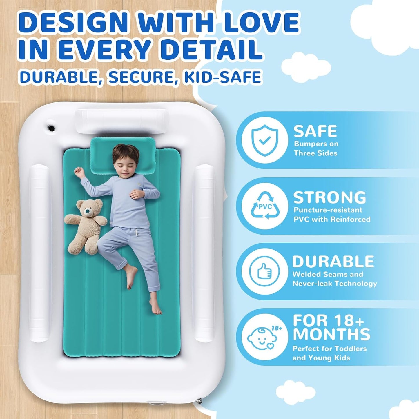 Inflatable Toddler Travel Bed - 60 Inches Portable Toddler Bed for Travel with Safety Sides - Cozy Kids Air Mattress Set with High-Speed Pump & Carry Case - Easy to Inflate(Teal Blue)