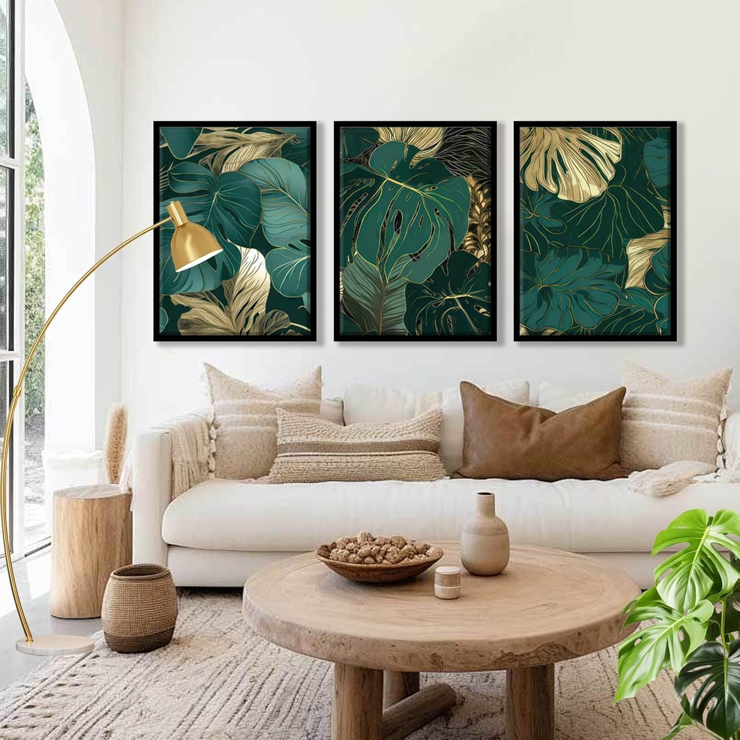 Framed Gold Green Wall Art Set of 3 Tropical Botanical Picture Emerald green Leaf Painting Prints Wall Decor with Black Frame Modern Plant Poster for Living Room Bedroom Bathroom Office 16x24Inch