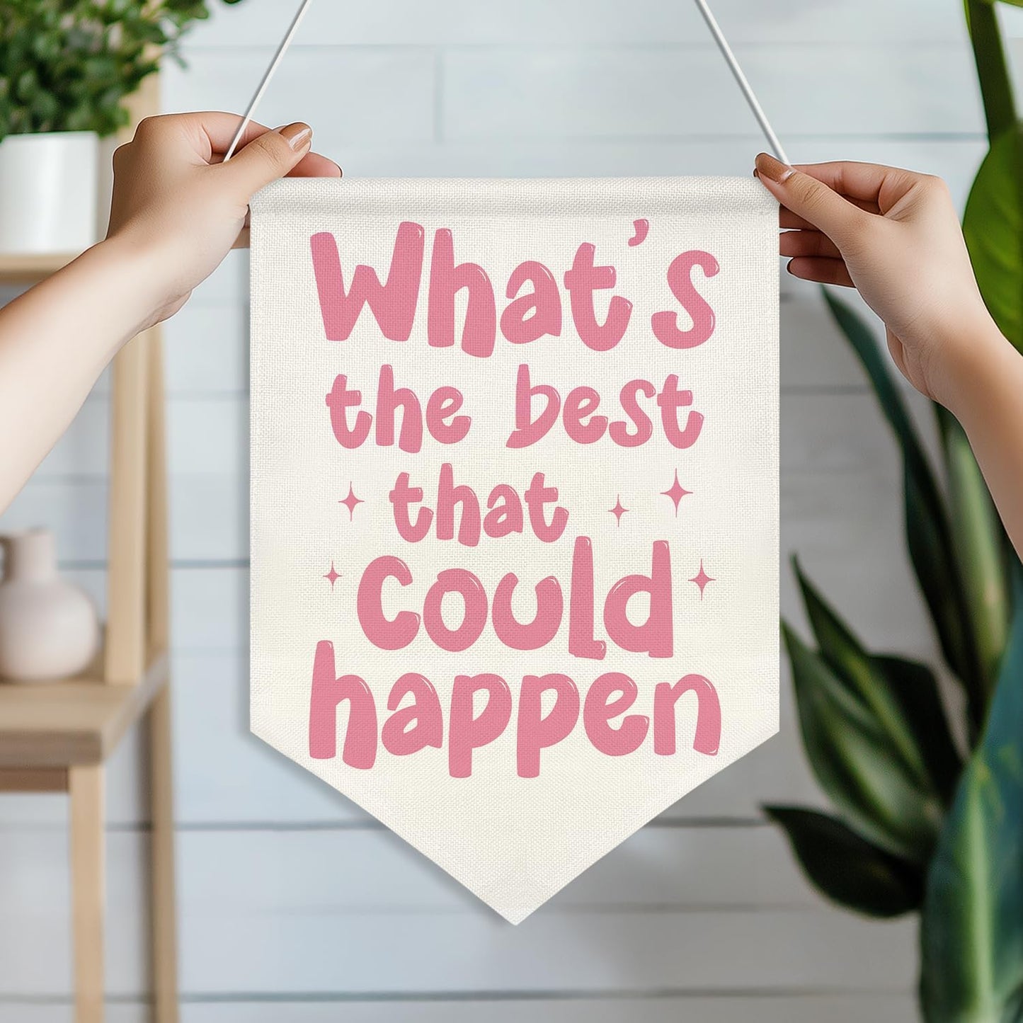 Motivational Quote Canvas Wall Banner – What’s the Best That Could Happen,Retro Pink Inspirational Poster, Wall Hanging Canvas Flag with Wooden Rod for Teen Girl Room, Dorm, Office, Classroom Decor, 11x16 Inch(KD06)