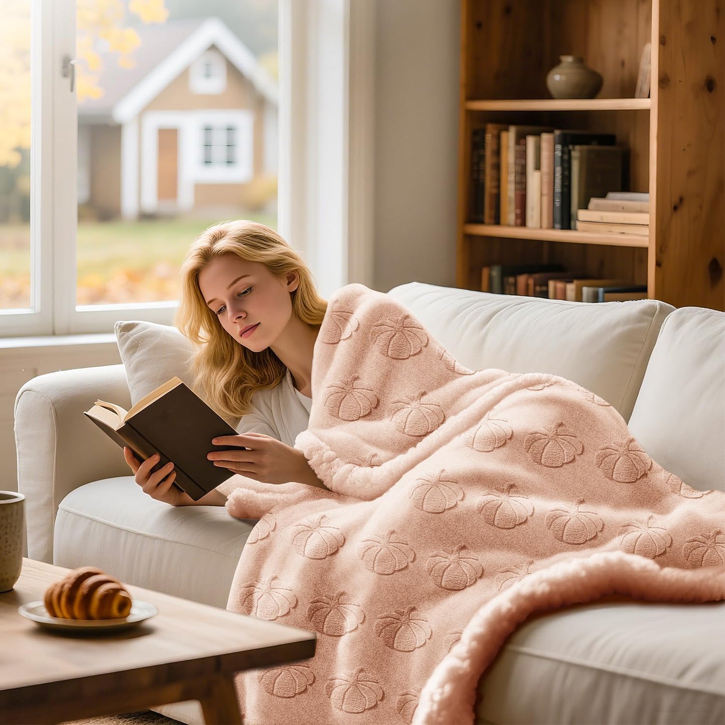 Lanpn Fall Fur Throw Blanket, 530GSM Sherpa Fleece Throws for Couch Sofa, Soft Fluffy 3D Pumpkin Blankets, Autumn Plush Cozy Blanket, Thanksgiving Home Bed Living Room Decor Gift, 50x60, Beige