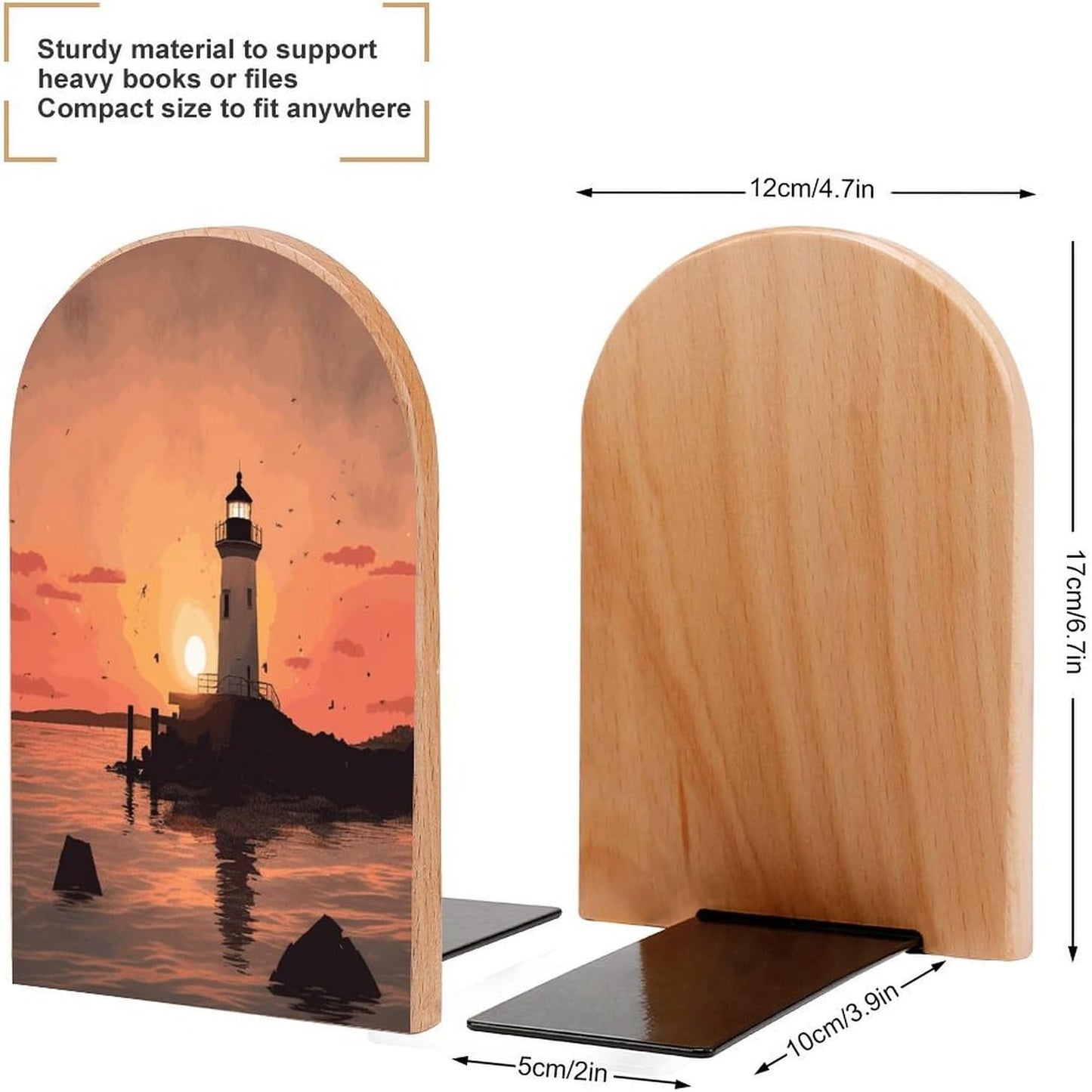 Lighthouse Sunrise Bookend for Shelves Wooden Book End Large Size Sturdy Book Holders Stoppers with Metal Base for Bookshelves Slick Decorative Bookends Stands