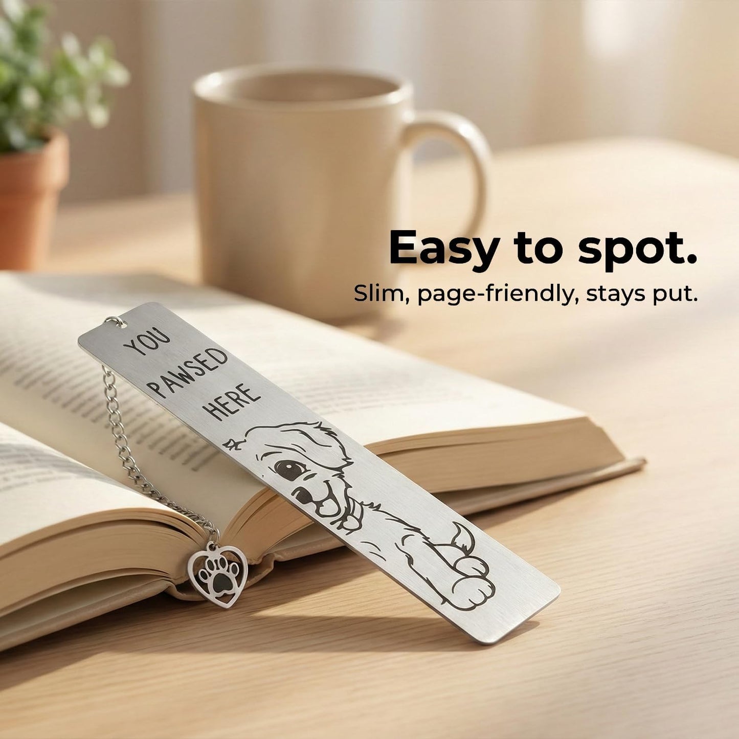 Dog Bookmark, Stainless Steel Metal Bookmark with Paw Charm, Engraved “You PAWSED HERE”, Cute Puppy Book Marker Gift for Dog Lovers & Dog Moms