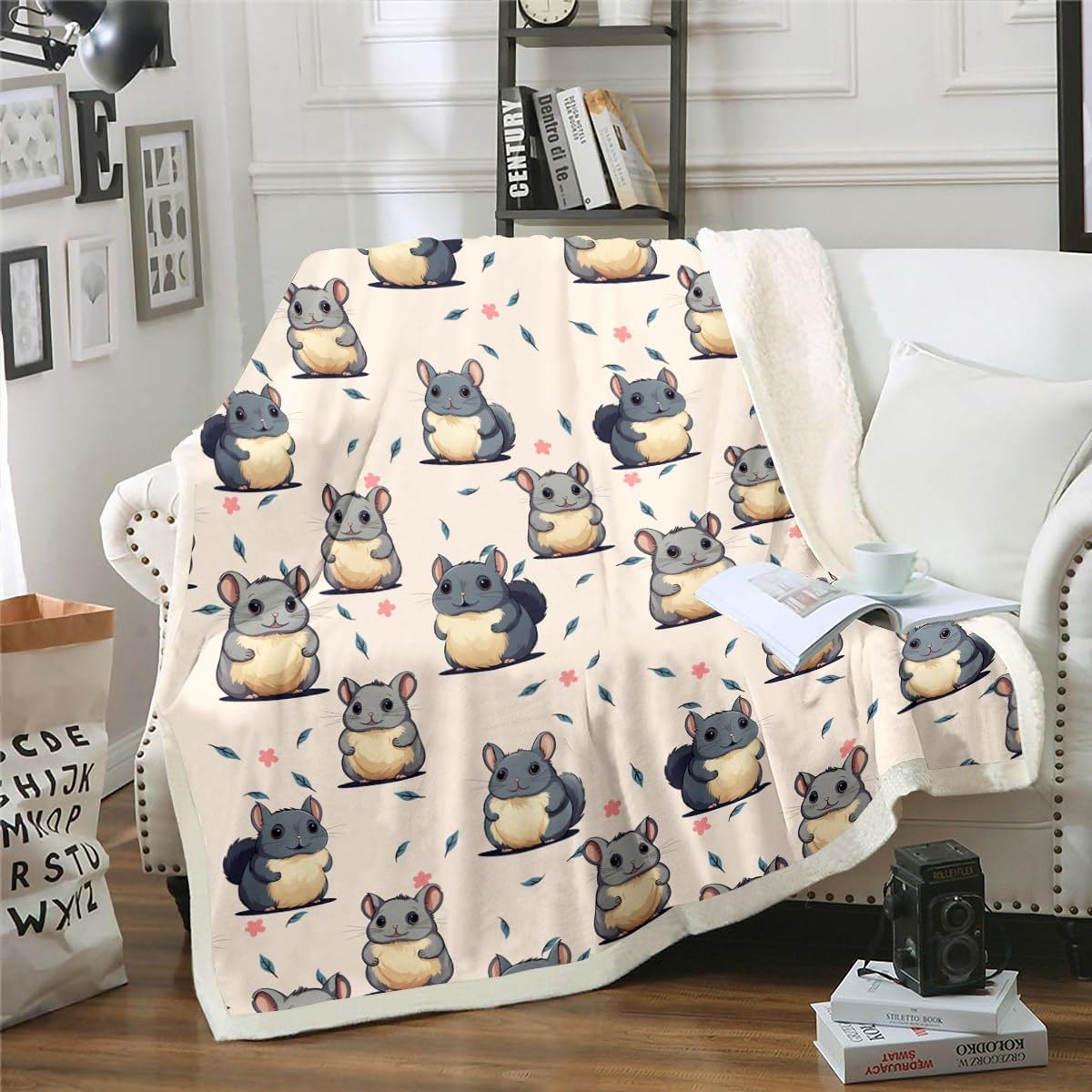 Erosebridal Chinchilla Blanket Throw for Kids Boys Girls,Cartoon Chinchilla Throws Blankets Kawaii Room Decor,Cute Animal Print Fleece Blanket Gifts for Pet Lovers,Leaf Floral Blanket 50"x60"