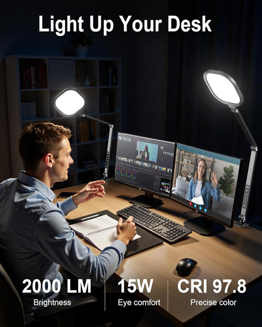Desk Lamp with Clamp for Home Office, 2000LM, 15W, CRI >97.8 Zoom Lighting for Video Calls, 3 Colors & 10 Brightness, Remoted Desk Light with Memory & Timer