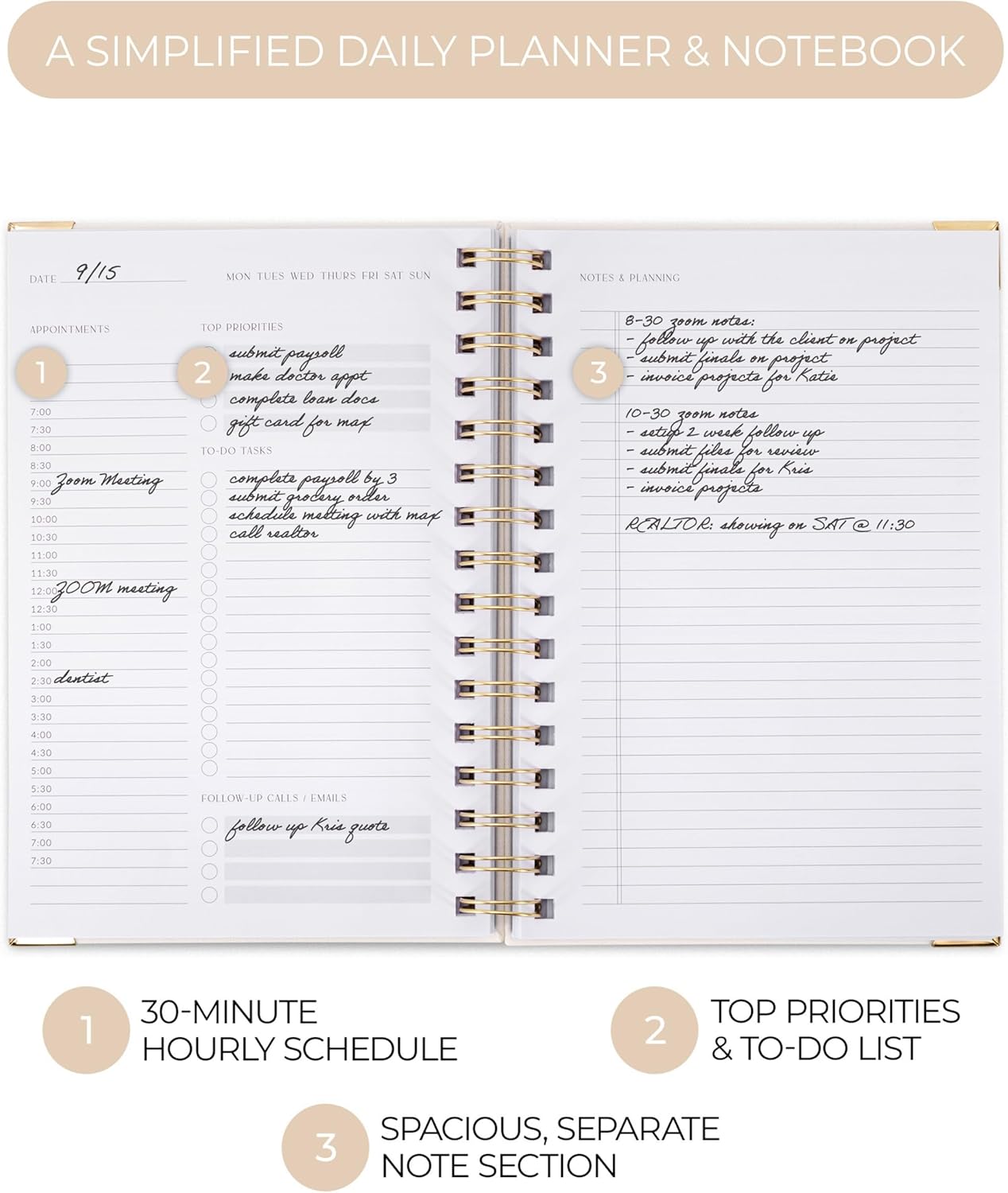 ZICOTO Aesthetic Daily Planner And Notebook With Hourly Schedule - Beautiful Spiral To do List Notepad For Work/Home to Organize Tasks And Appointments - Stylish School/Office Supplies Book For Women