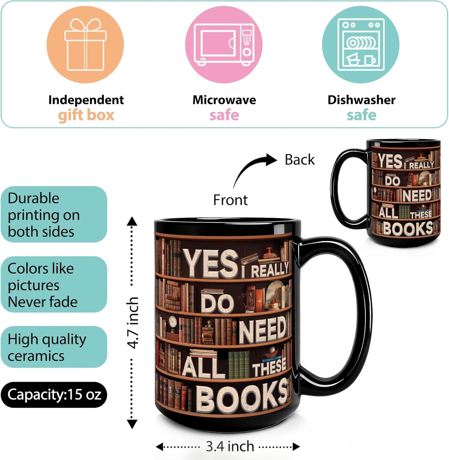 Book Lover Mug, Yes I Really Do Need All These Books Novelty Coffee Mug, Funny Coffee Cup for Sisters, Mom, Dad, Friends Birthday Christmas Valentine's Day Book Lover Bookmark Gift White Mug