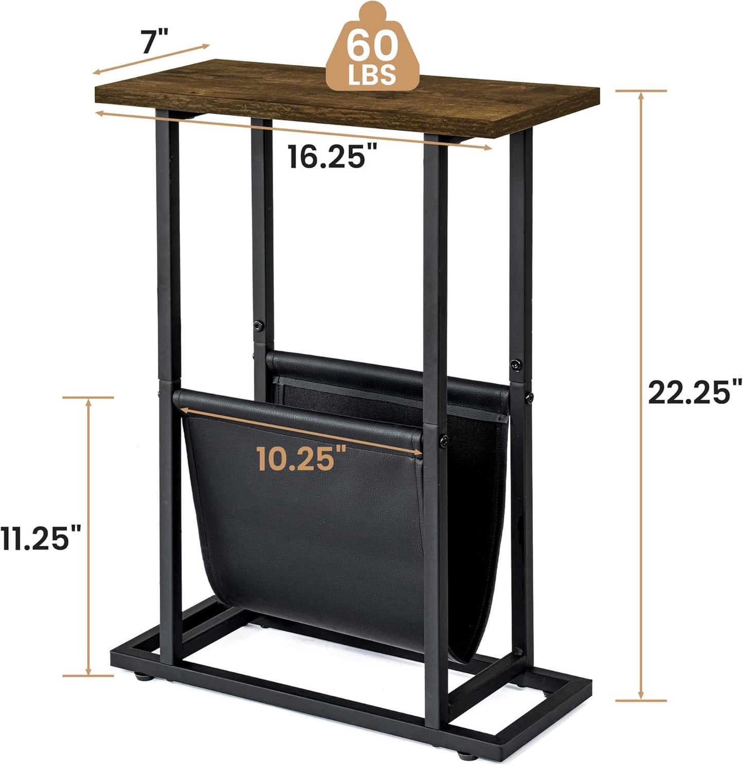 Narrow Side Table for Small Place,Metal Table with PU Leather Bag,Slim Nightstand for Reading Or Storage,Sofa Side Table for Living Room,Bedroom,Brown