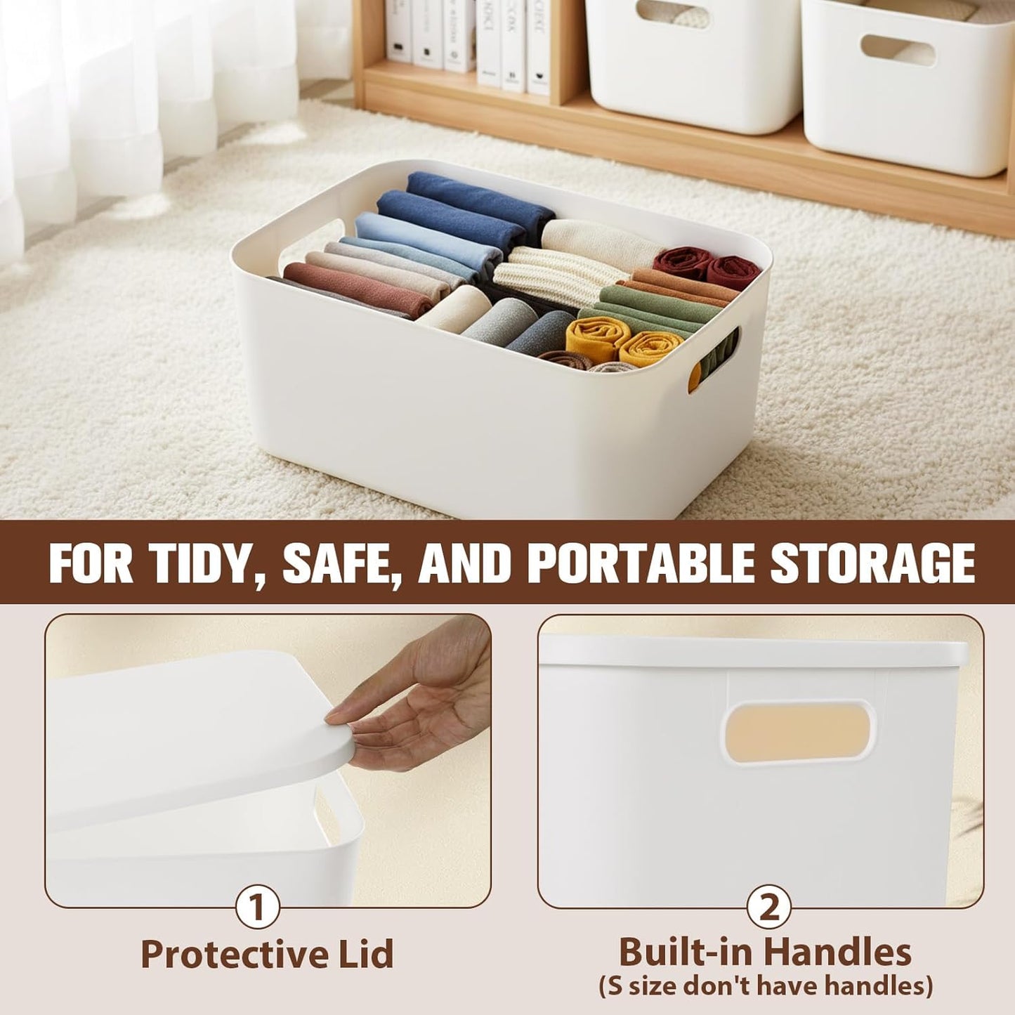 ANMINY 8PCS Plastic Storage Bins Containers with Lids, Large Storage Organization Bins Boxes, Lidded Plastic Storage Baskets for Closet Shelves Desktop, White Lids, 1XL + 1L + 2M + 4S