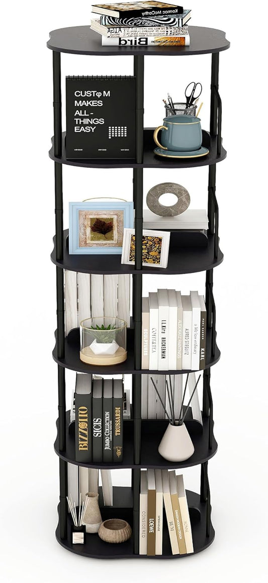 5 Tier Rotating Bookshelf, 360° Spinning Bookcase with Metal Frame & Wood Shelves for Corner - Industrial Freestanding Storage Rack for Living Room, Bedroom, Office&Small Room
