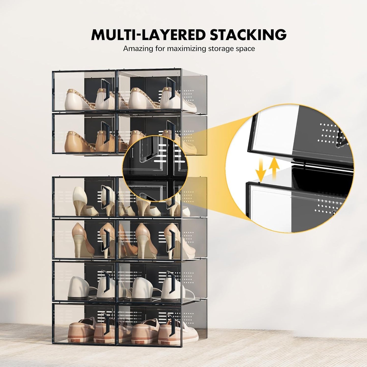 SEE SPRING X-Large Shoe Storage Box Fit Size 11, Clear Plastic Stackable Shoe Organizer for Closet, Space Saving Sneaker Shoe Rack Containers Bins Holders for Entryway, Under Bed, 12 Pack Black