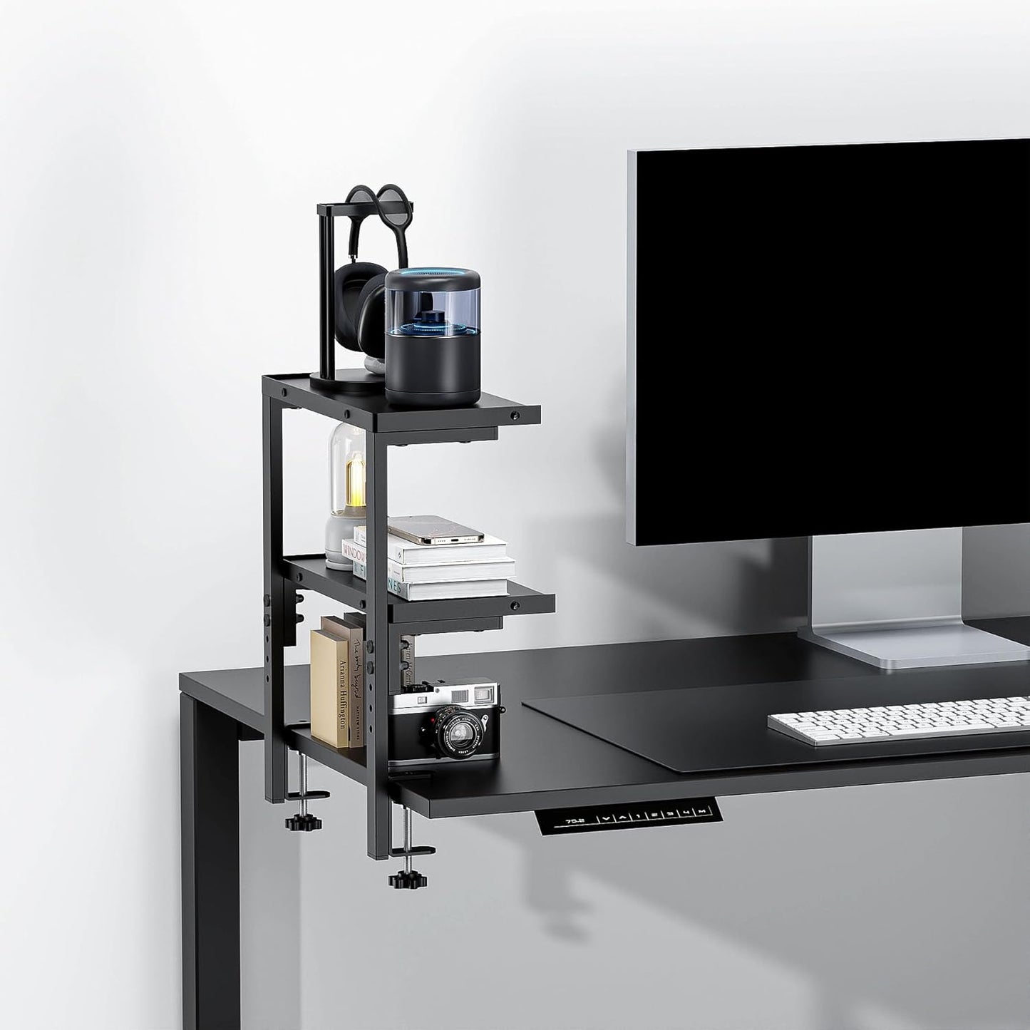 Spacrea clamp on Desk Shelf, 2 Tier Office Desk Shelves Organizer, Wood Desktop Supplies Storage Rack, Desk Organizers and Accessories (Black)