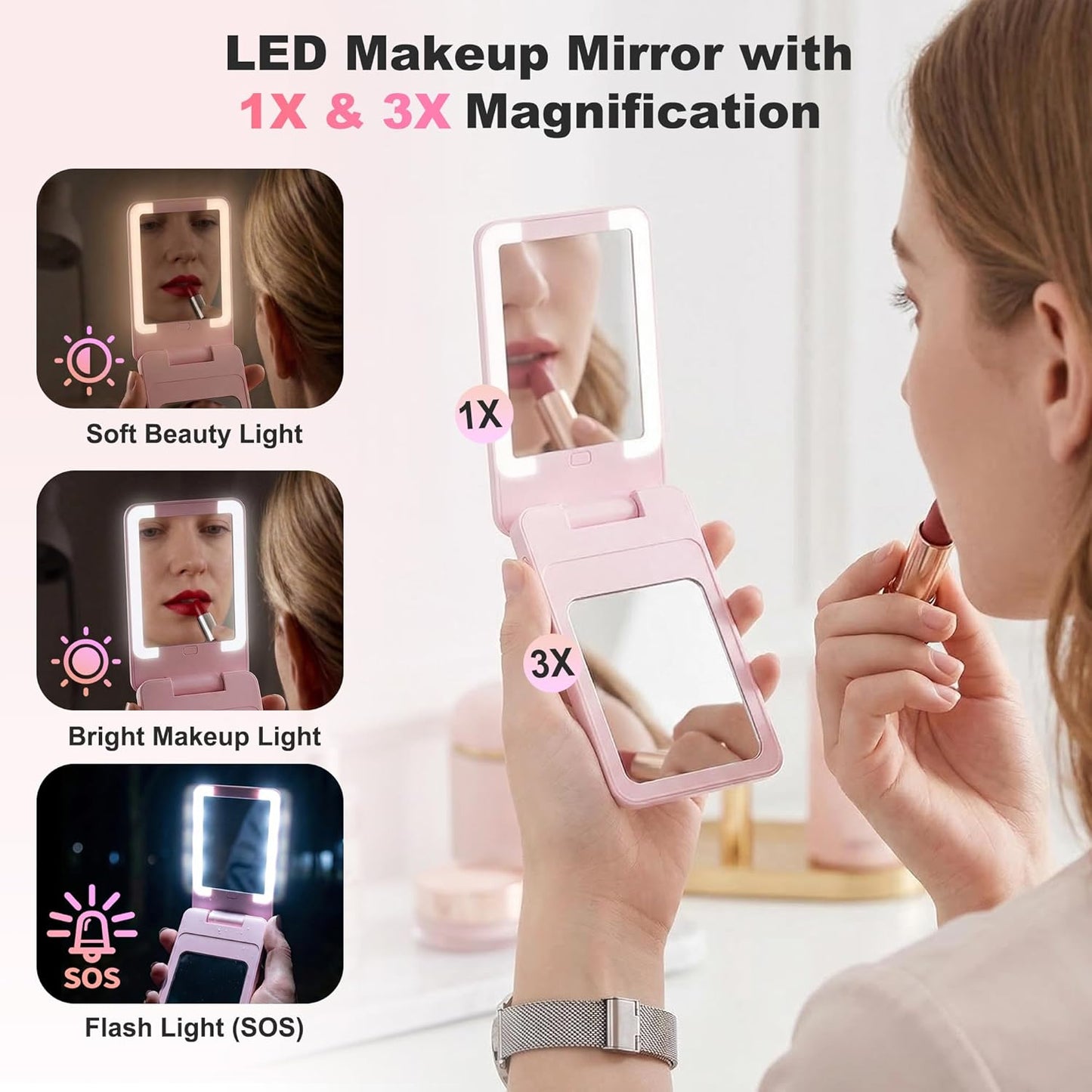 5000mAh Wireless Magnetic Power Bank, for MagSafe Portable Charger with Stand, Light Makeup Mirror, Bluetooth Selfie & USB-C Cable for iPhone17/16/15/14/13/12 Pink Travel Essential for Women