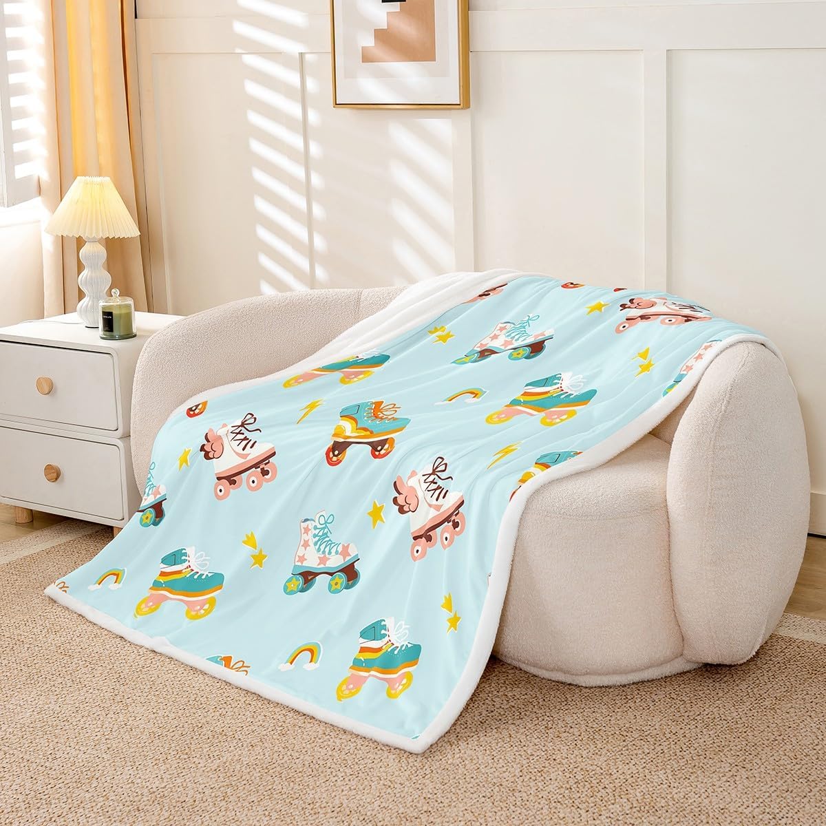 Manfei Skating Kids Throw Blanket,Roller Skates Winter Sports Games Bed Blanket for Boys Girls Adults,Rainbow Light Stars Cartoon Fleece Blanket,Blue Cute Fuzzy Blanket,Throw Size (50 x 60 Inches)