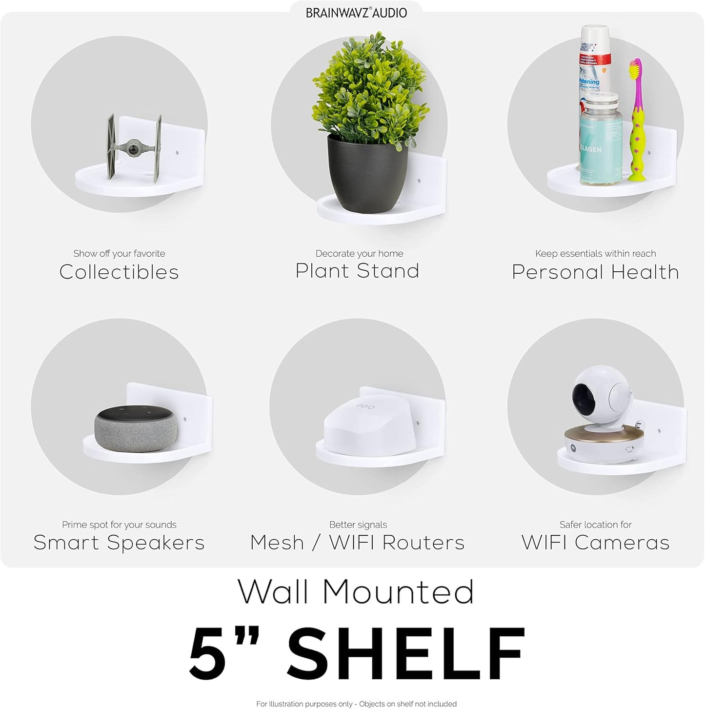 BRAINWAVZ 5” Small Floating Shelf, Adhesive & Screw in, for Bluetooth Speakers, Cameras, Plants, Books, Toys & More, Universal Shelves, Easy to Install Shelf CF2105 White