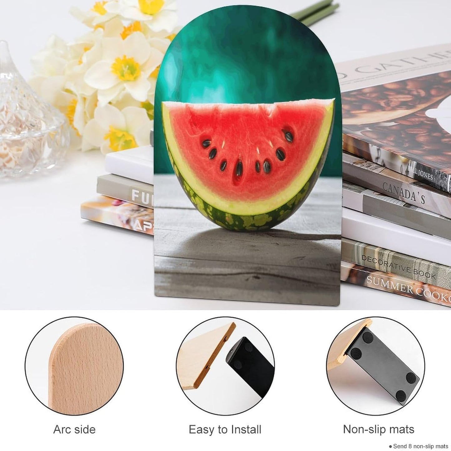 Watermelon with Smiley Bookend for Shelves Wooden Book End Large Size Sturdy Book Holders Stoppers with Metal Base for Bookshelves Slick Decorative Bookends Stands