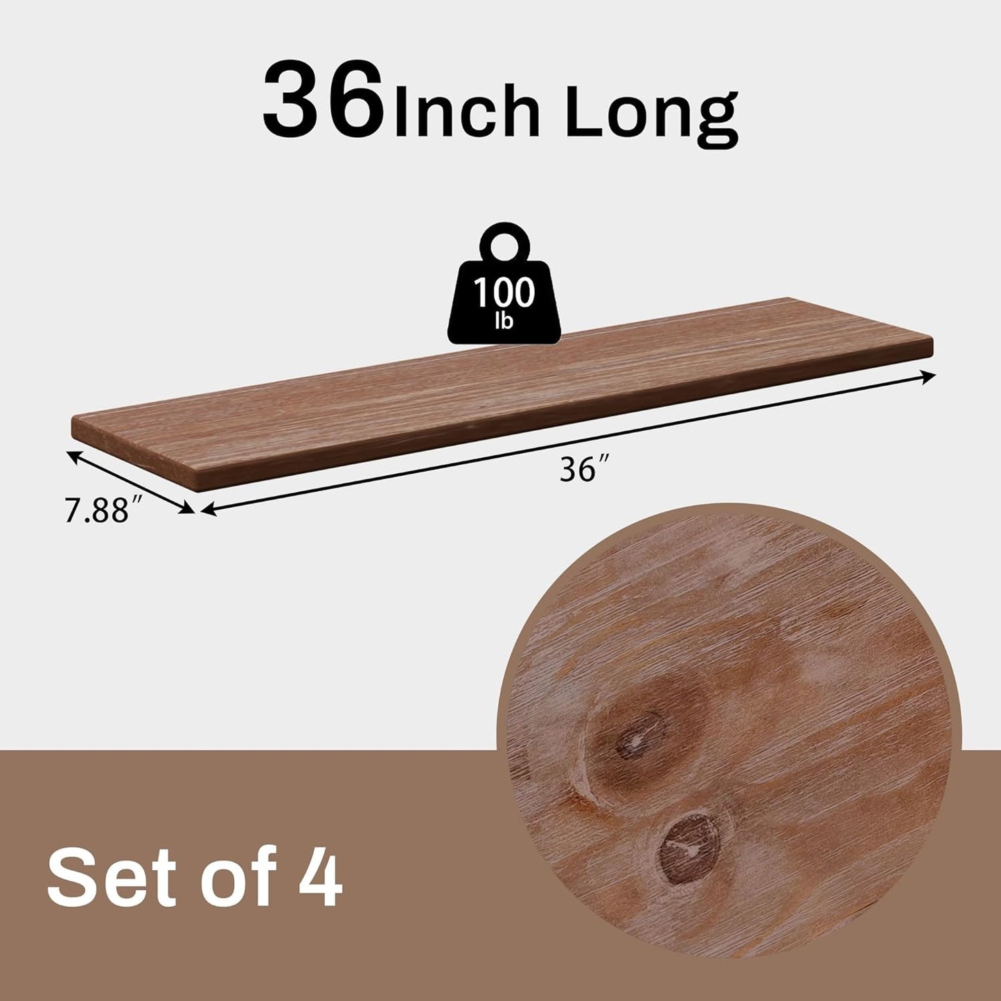 36 Inch Floating Shelves Set of 4, Rustic Brown Wood Wall Mounted Shelves with 100 lbs High Capacity, Farmhouse Wood Shelving for Living Room, Kitchen, Bedroom, Bathroom & Office