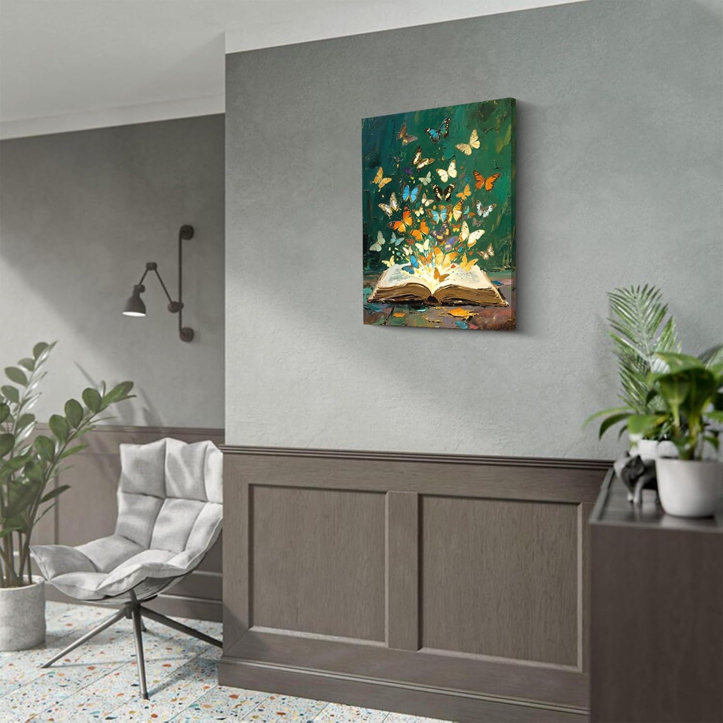 Colorful Butterfly Canvas Wall Art Framed (12x16 In) Retro Books Oil Painting Style Wall Decor Picture,Abstract Book Butterfly Wall Art Magical Library Print,Gift for Girls Bedroom Nursery Home Decor