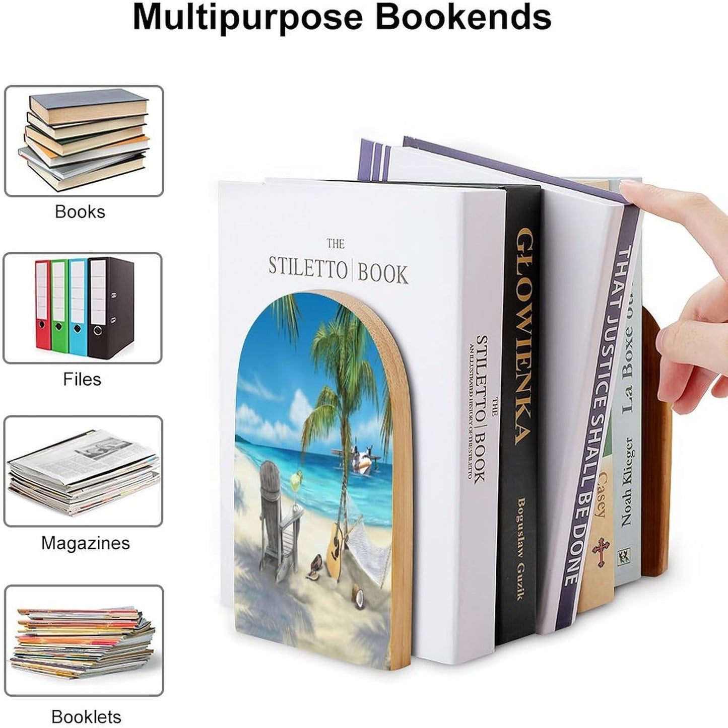 Guitar on The Beach Wooden Bookend Non-Slip Book Ends Heavy Duty Book Stopper with Metal Base Books Holderd Decorative Bookends Stands Firmly for Office Supplies