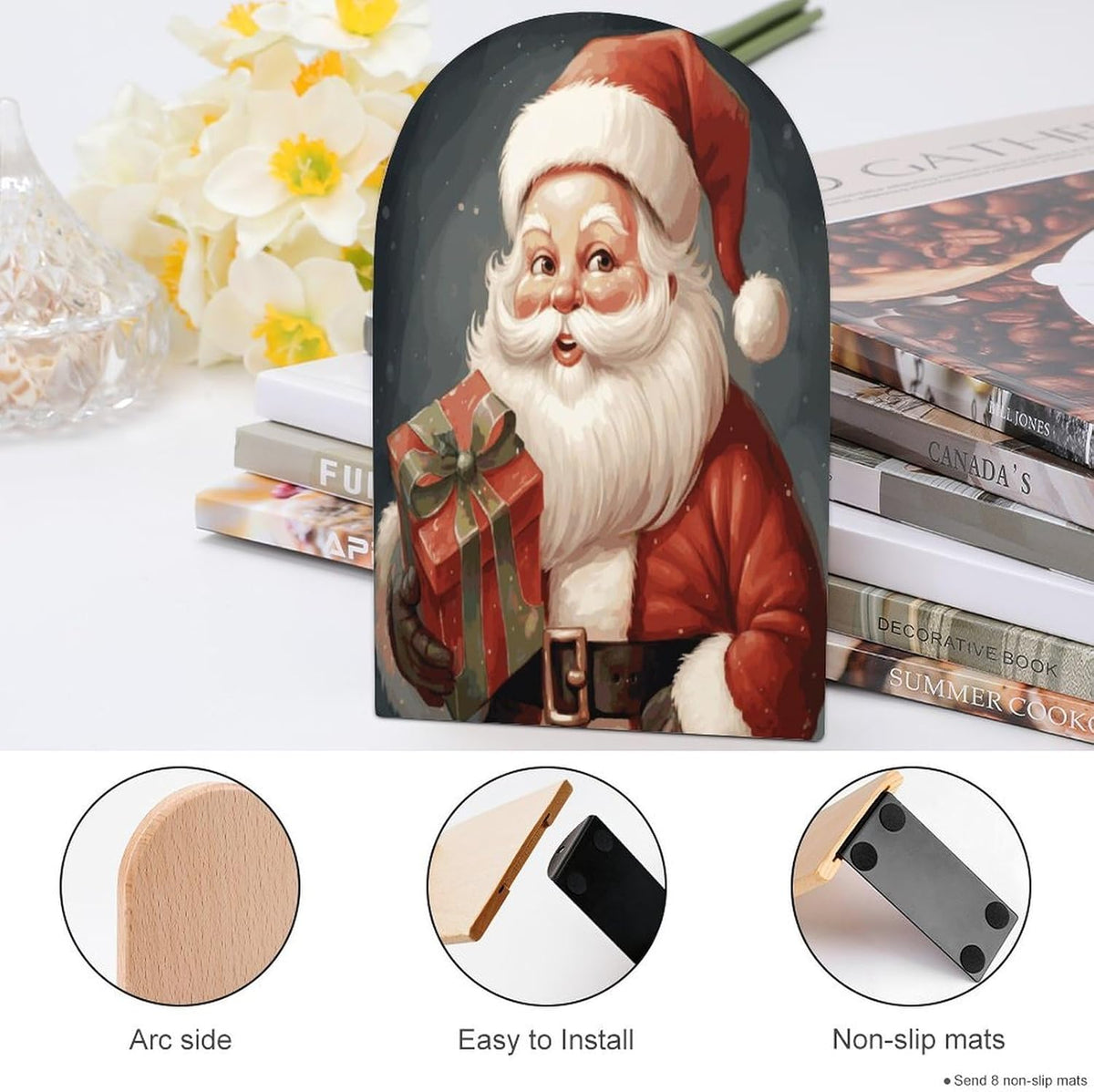 Santa Claus with Box Wooden Bookend Non-Slip Book Ends Heavy Duty Book Stopper with Metal Base Books Holderd Decorative Bookends Stands Firmly for Office Supplies